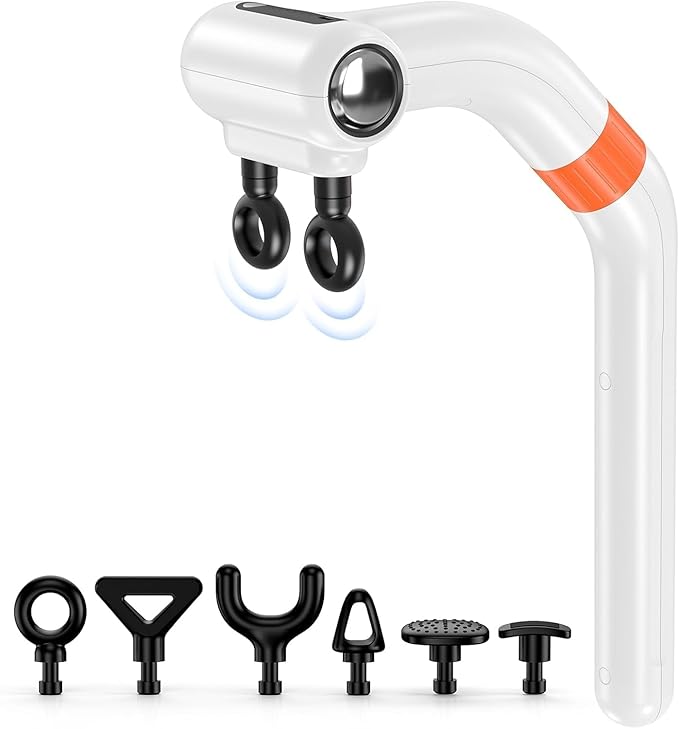 Dual-Head Massage Gun Deep Tissue with 3-in-1 Detachable Extension Handle, Handheld Percussion Back Massager for Muscle Neck Shoulder Body Pain Relief - 6 Speeds Levels White