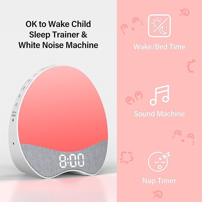 OK to Wake Alarm Clock for Kids, Children's Sleep Trainer, Bedside Dream White Noise Machine, Adjustable Night Light, 12 Soothing Sounds, Nap, Sleep Timer, Dimmable Fabric Display, Bedroom