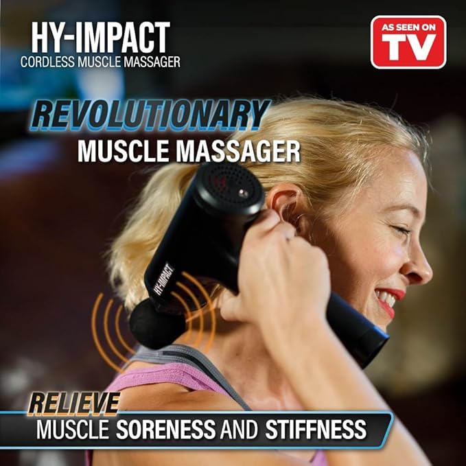 HY Impact Cordless Muscle Massager – Professional Massage Gun with Four Interchangeable Massaging Heads, Portable and Lightweight, Six Intensity Speeds Gives Fast Recovery from Fatigue and Soreness