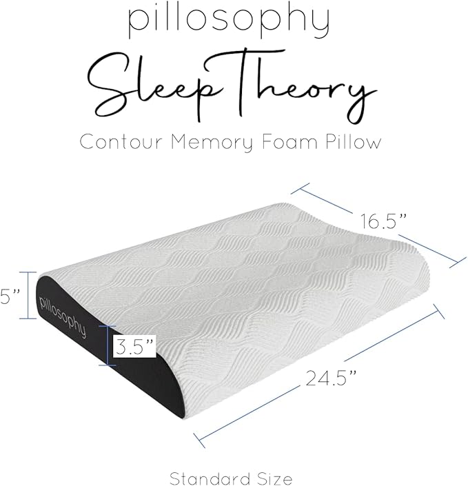pillosophy SleepTheory Pillow • Contour Shape • Cervical Neck Support • Memory Foam Core • Washable Cooling Cover • Medium Firmnesss • Perfect for Back, Side, Stomach Sleepers (Standard Size)