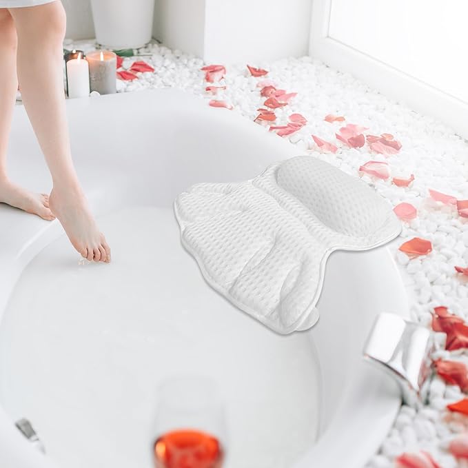 Bath Pillow for Tub Neck and Back Support, Machine Washable Non-Slip Air Mesh Bath Cushion, White Bathtub Headrest for Relaxing Spa Soaking