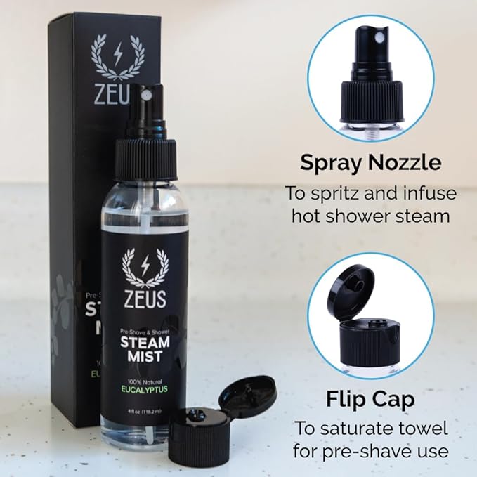 ZEUS 100% Natural Eucalyptus Oil Steam Mist, Aromatherapy Spray for Shower, Sauna, Bath & Pre-Shave, Nasal Relief & Spa-Inspired Wellness (Made in USA) 4 oz.