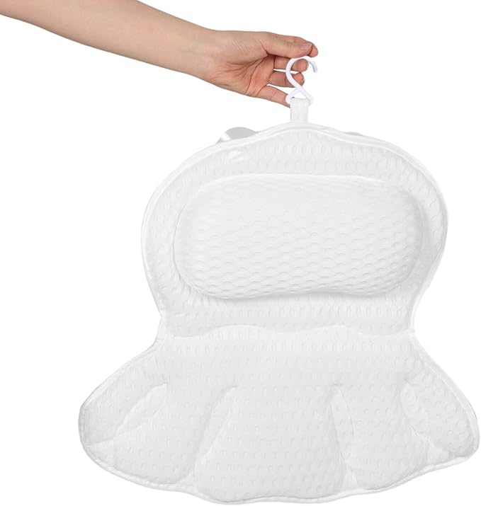 4d Bath Pillow for Tub, Neck and Back Support, Machine Washable Non-Slip Air Mesh Cushion, White Bathtub Headrest for Relaxing Spa and Full Body Bath Experience