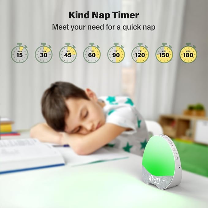 OK to Wake Alarm Clock for Kids, Children's Sleep Trainer, Bedside Dream White Noise Machine, Adjustable Night Light, 12 Soothing Sounds, Nap, Sleep Timer, Dimmable Fabric Display, Bedroom