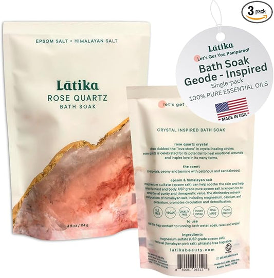Latika Geode-Inspired Bath Soak Single Pack- Rose Quartz with Essential Oils & Epsom Salt for Stress Relief, Muscle Recovery & Skin Care [1 Pack]