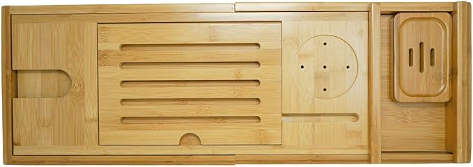 Yogibo Traybo H2O Luxury Bath Caddy Trays for Bathtub, Expandable Adjustable Bamboo Tub Tray Organizer with Book, Wine, Candle Holder for Reading and Spa