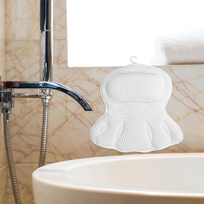 HOMSFOU 4d Bath Pillow for Tub, Neck and Back Support Soft Body Bath Headrest with Non-Slip Suction Cups, Machine Washable White Relaxation Cushion for Adults