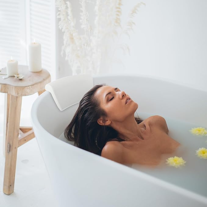 Zerodeko Pu Bathtub Pillow for Adults with Suction Cups, White Bath Cushion Neck and Head Support for Home Spa Shower Use