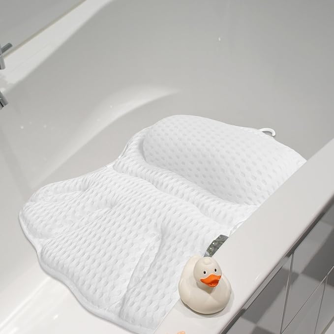 4d Bath Pillow for Tub, Machine Washable Non-Slip Breathable Mesh Cushion with Neck and Back Support, White Bathtub Headrest for Relaxing Spa and Full Body Comfort