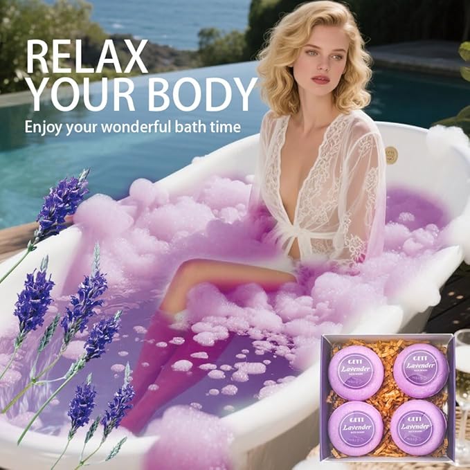GETT Lavender Bath Bombs 4-pcs, Individually Wrapped Bath Bombs for Men & Women, Luxury Gift Set with Vegan and Essential Oils, Relaxing and Moisturizing Bubble Bath, Organic Bath Essentials for All