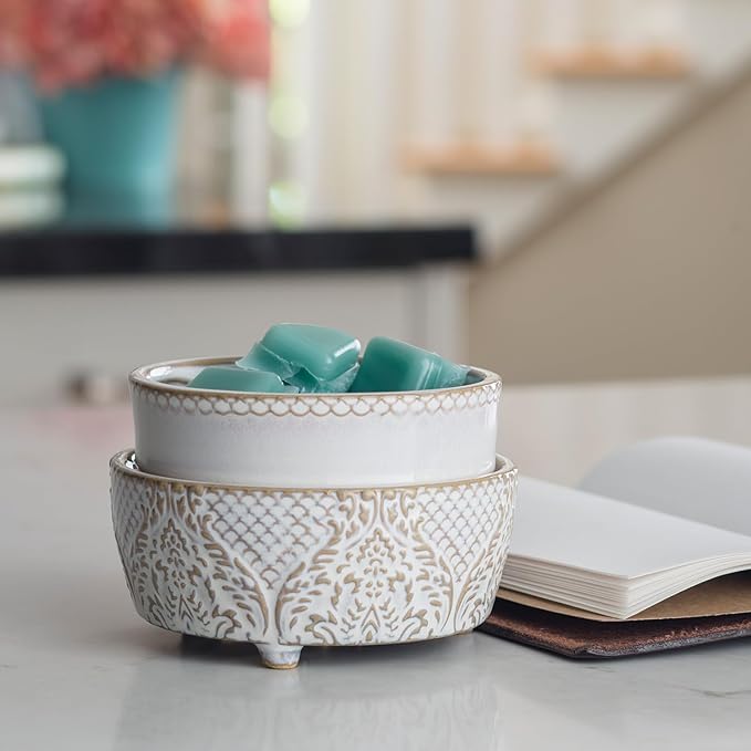 Candle Warmers ETC 2-in-1 Candle and Fragrance Warmer for Warming Scented Candles or Wax Melts and Tarts with to Freshen Room, Vintage White Lace