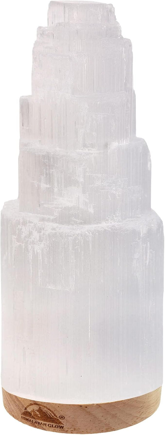 Himalayan Glow Selenite Crystal Lamp 20cm, Hand Curved Morocco |Skyscraper| Crystals and Healing Stones,(ETL Certified) with Wooden Base & USB Charging Cable For Healing Cleansing & Meditation