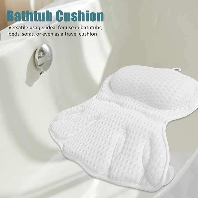 TOYANDONA Luxury Bath Pillow for Tub with Neck and Back Support, Machine Washable 4d Ergonomic Bathtub Cushion with Non-Slip Suction Cups, White, Suitable for Spa and Home Bathing Relaxation