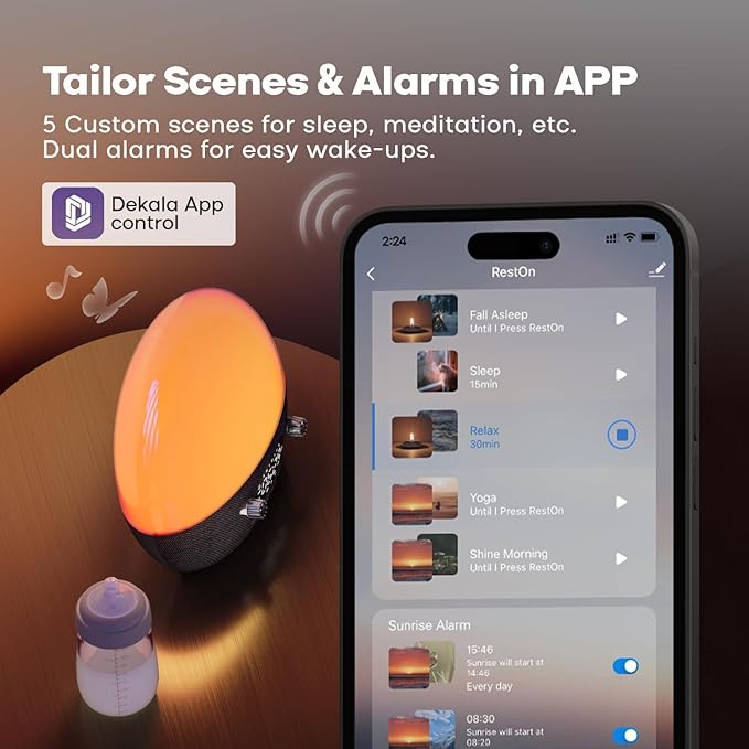 Dekala RestOnn Sunrise Alarm Clock Sunset Sound Machine 7-Day Programmable Loud Dual Alarm Clock, White Noise Natural Sounds for Sleeping Bluetooth Speaker Amber Night Light Smart App Control