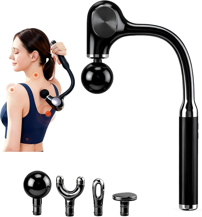 Deep Tissue Percussion Massage Gun with 12mm Penetration and 5-Speed Levels - 4 Heads and Extension Handle for Back Muscle & Neck/Shoulder Pain Relief - Lightweight Portable for Home Gym