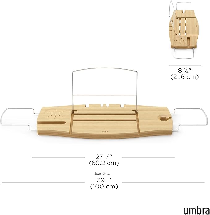 Umbra Aquala Bathtub Tray Extendable Caddy with Book Stand and Wine Glass Holder, Natural