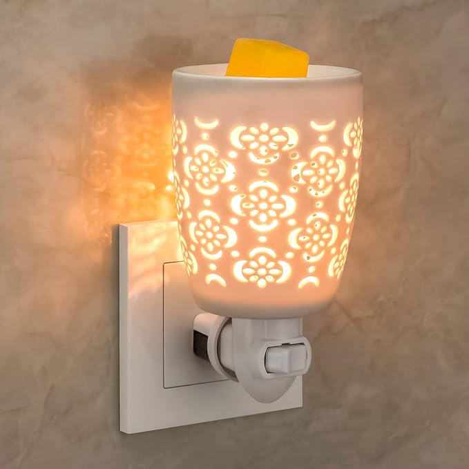 STAR MOON Ceramic Pluggable Wax Melt Warmer, Diffuser for Fragrance Oil, Candle Melter Plug in Wall for Home, Office and Spa, Ideal Gifts, with Two Bulbs Packed Safe to Use- Flower Hollow Design