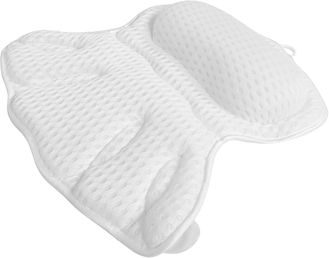 HOMSFOU 4d Bath Pillow for Tub, Neck and Back Support Soft Body Bath Headrest with Non-Slip Suction Cups, Machine Washable White Relaxation Cushion for Adults