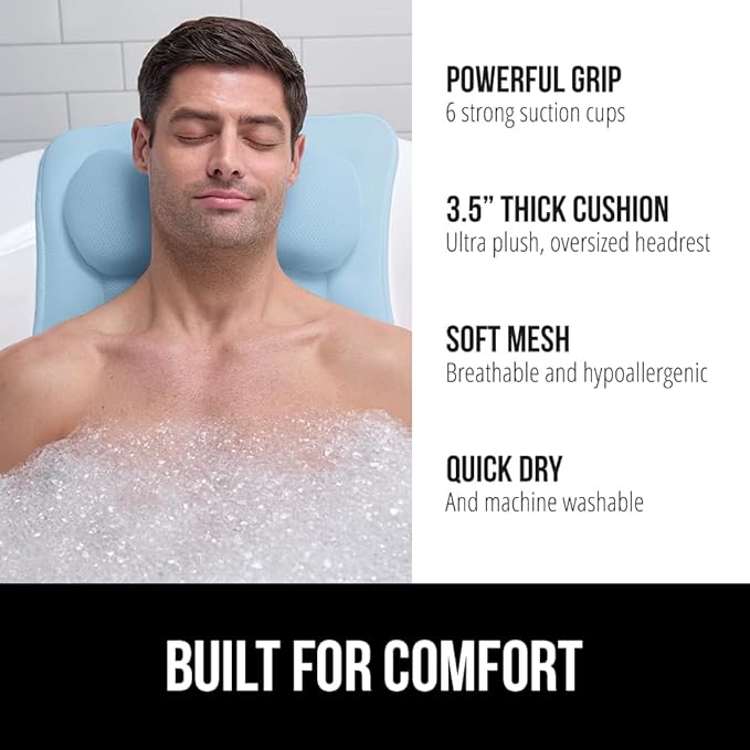 GORILLA GRIP Bath Pillow for Tub, Strong Suction Cups, Headrest with Mesh FlexComfort Technology, Neck, Head and Back Support, Luxury Machine Wash Bathtub Pillows, Spa Essential Accessories, Blue