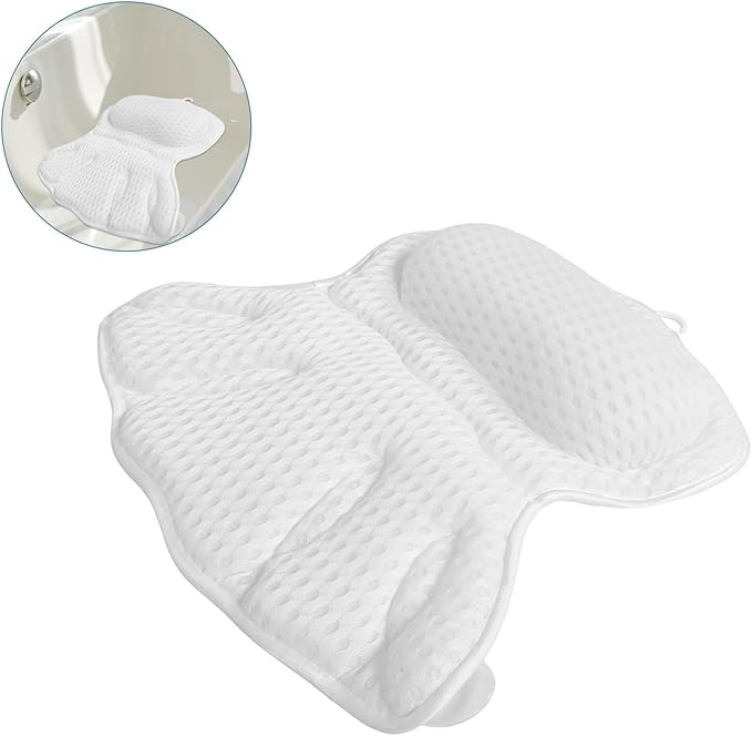 HOMSFOU 4d Bath Pillow for Tub, Neck and Back Support Soft Body Bath Headrest with Non-Slip Suction Cups, Machine Washable White Relaxation Cushion for Adults