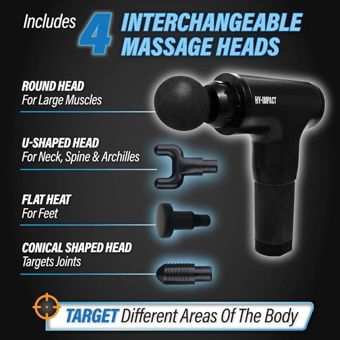 HY Impact Cordless Muscle Massager – Professional Massage Gun with Four Interchangeable Massaging Heads, Portable and Lightweight, Six Intensity Speeds Gives Fast Recovery from Fatigue and Soreness