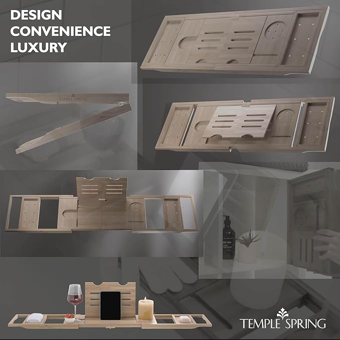 Temple Spring Foldable Bathtub Tray, Unique Design Selfcare Bathroom Caddy, Bamboo Spa Bathroom Tray, Wooden Bathtub Accessories, Wedding Gift/Birthday Gift/New Home Bath Table