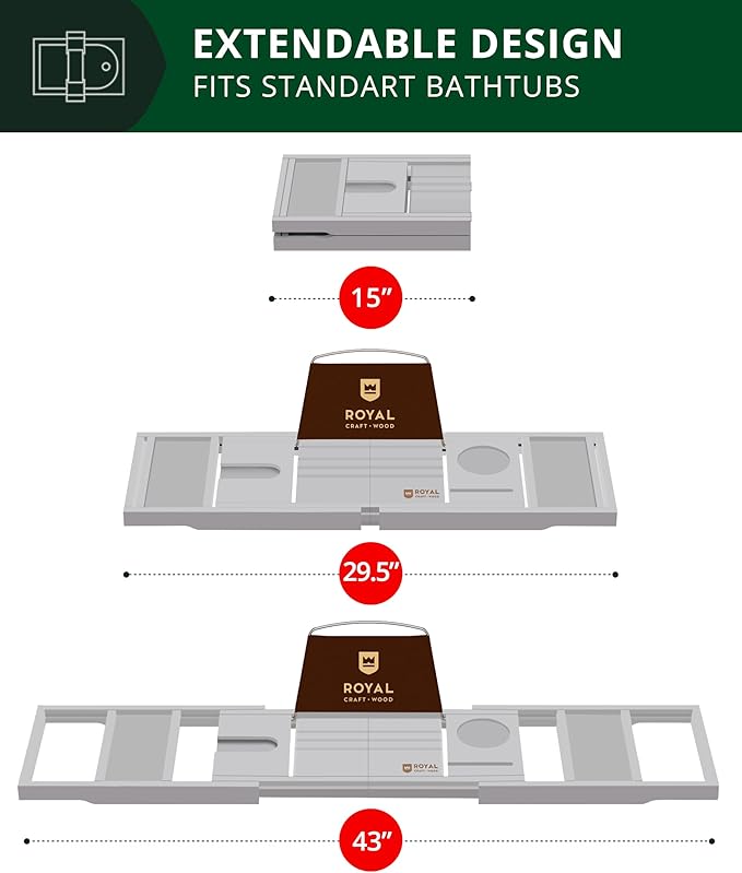 ROYAL CRAFT WOOD Premium Foldable Bathtub Tray Caddy - Wood Bath Tray for Tub, Bamboo Shelf, Expandable Bath Table Trays, Bathtub & Bathroom Accessories for New Home & Mothers, Birthday Gifts for Mom
