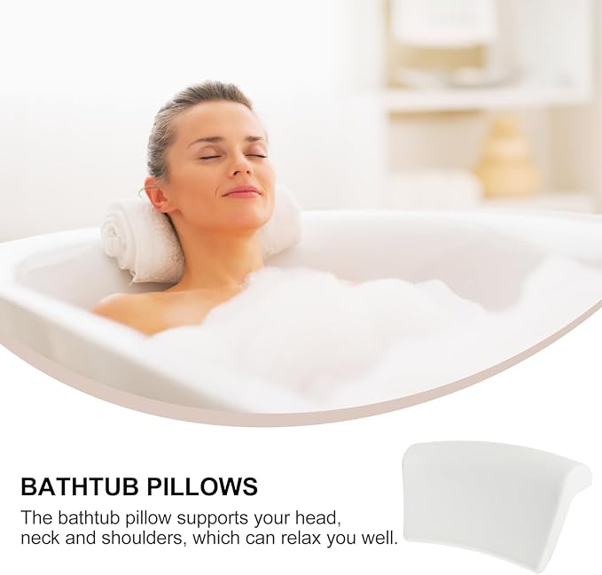 Zerodeko Pu Bathtub Pillow for Adults with Suction Cups, White Bath Cushion Neck and Head Support for Home Spa Shower Use
