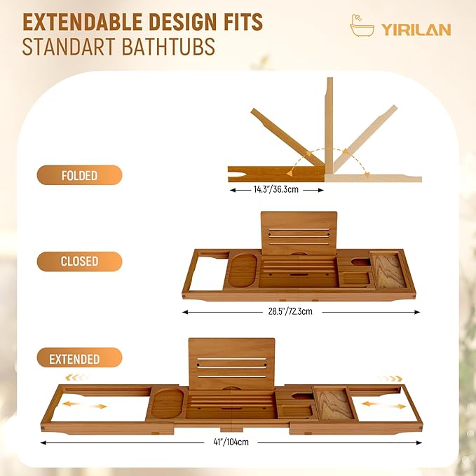 Yirilan Teak Bathtub Tray for Tub, Bath Table Tray for Tub Wood, Bathtub Caddy, Luxury Gift for House Warming, Wedding, Bridal Shower, Anniversary