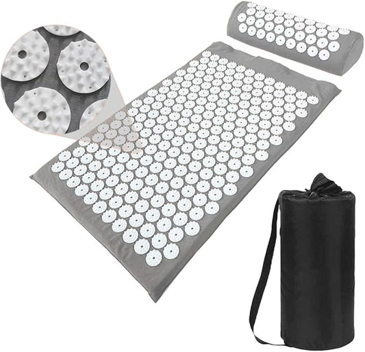 XiaoMaGe Acupressure Mat and Pillow Set with Bag - Large Size 28.7 X 16.5 inch Acupuncture Mat for Neck & Back Pain, Muscle Relaxation Stress Relief, Sciatica Pain Relief Pillow (Gray)