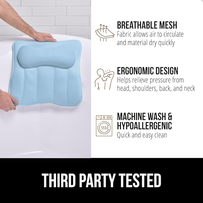 GORILLA GRIP Bath Pillow for Tub, Strong Suction Cups, Headrest with Mesh FlexComfort Technology, Neck, Head and Back Support, Luxury Machine Wash Bathtub Pillows, Spa Essential Accessories, Blue
