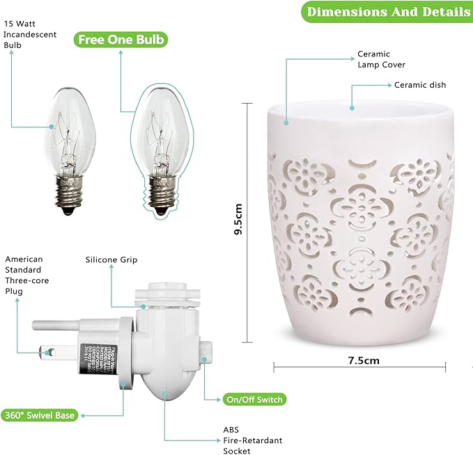 STAR MOON Ceramic Pluggable Wax Melt Warmer, Diffuser for Fragrance Oil, Candle Melter Plug in Wall for Home, Office and Spa, Ideal Gifts, with Two Bulbs Packed Safe to Use- Flower Hollow Design