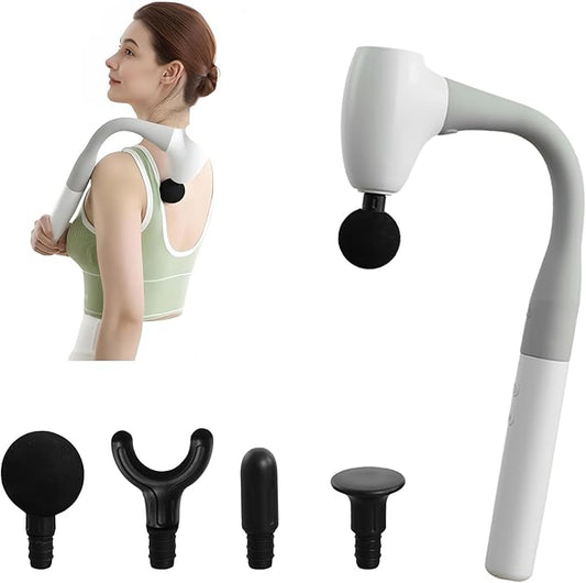Massage Gun with Extended Handle, Upgraded U-Shaped Back Massager, Reaches Hard-to-Access Muscles, 4 Massage Heads & 4 Speed Levels, Body Massager for Back, Waist, Neck, Shoulder, Leg, White
