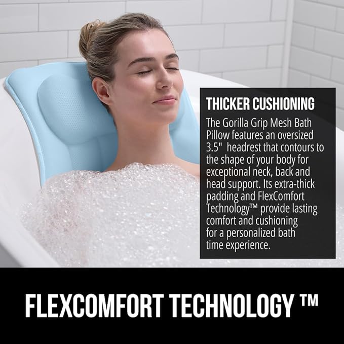 GORILLA GRIP Bath Pillow for Tub, Strong Suction Cups, Headrest with Mesh FlexComfort Technology, Neck, Head and Back Support, Luxury Machine Wash Bathtub Pillows, Spa Essential Accessories, Blue