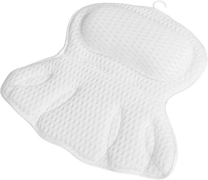 4d Bath Tub Pillow White, Ergonomic Neck and Back Support Bath Pillow for Tub with Non-Slip Suction Cups, Machine Washable Luxury Bathtub Headrest for Relaxation and Spa Use