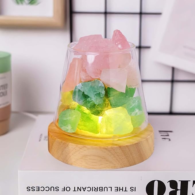 Runyangshi Healing Crystal Night Light Natural Green Fluorite Rose Quartz Raw Stone Aroma Diffuser USB Powered 3 Colour Adjustable Bedside Lamp for Bedroom Living Room Yoga Meditation Home Decor Gift