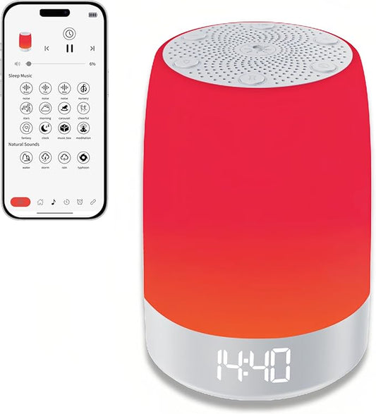Red Light Sleep Sound Machine – Night Light for Bedroom with 5-Level Red Light Therapy (620–690nm), 32 White Noise & Nature Sounds, Smart App Control, Timer & Wake-Up Alarm Clock