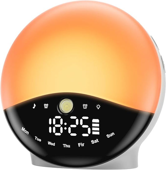Wake Up Light Sunrise Alarm Clock for Bedrooms, Rechargeable Sound Machine Night Light, 28 Sleep Sounds, 12 Colors, Dual Alarms, White Noise Sound Machine for Baby and Adults
