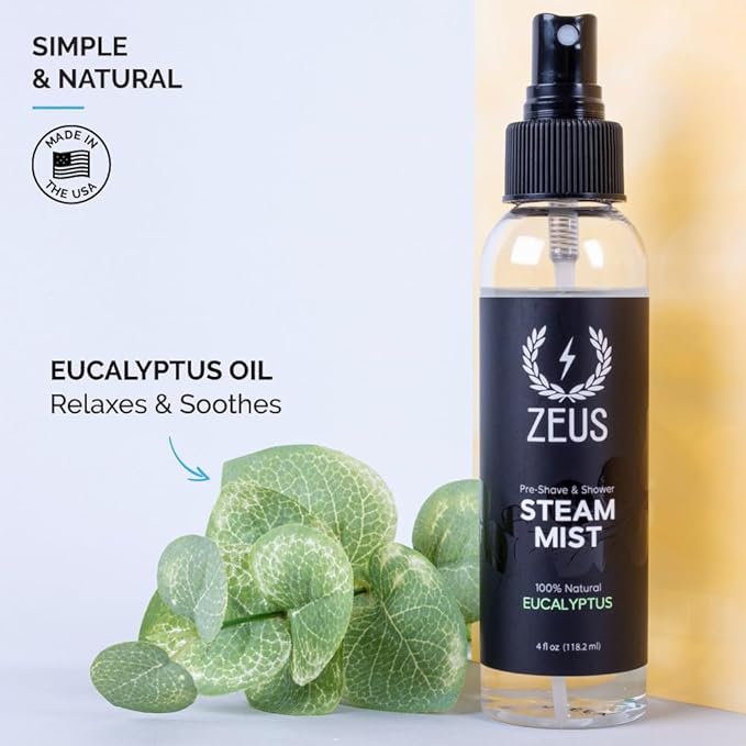 ZEUS 100% Natural Eucalyptus Oil Steam Mist, Aromatherapy Spray for Shower, Sauna, Bath & Pre-Shave, Nasal Relief & Spa-Inspired Wellness (Made in USA) 4 oz.