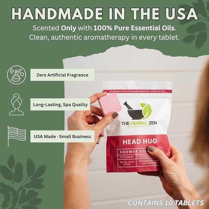 Head Hug Shower Steamers Aromatherapy for Relief - USA Made Valentines Day Gift for Her and Him - Peppermint & Rosemary Shower Bomb Tablets – Soothing Natural Essential Oils (10 Pack)