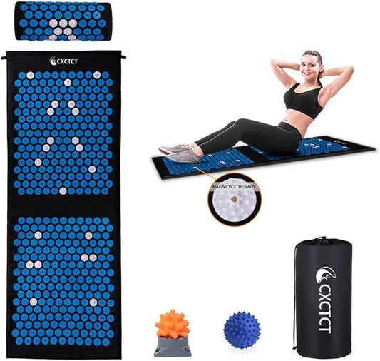 Extra Long Yoga Acupressure Mat Set,Massage Acupuncture Mat Large,Magnetic Mat Acupressure Body mat and Pillow for Neck Back Pain Relief(Blue)