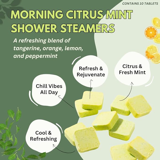 Morning Citrus Mint Shower Steamers Aromatherapy for Energy - USA Made Valentines Day Gift for Her and Him - Peppermint & Orange Shower Bomb Tablets – Soothing Natural Essential Oils (10 Pack)