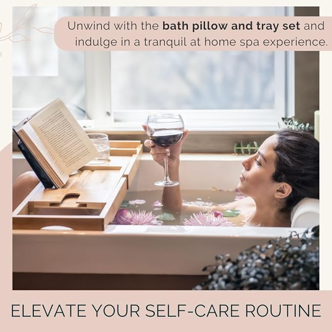 Bath Pillow and Bathtub Tray Set for Tub | Luxurious, Relaxing Home Spa Accessories with Bath Tub Pillows for Head and Neck, Foldable Bath Tray Caddy Organizer | Relaxation Gifts for Women Self Care