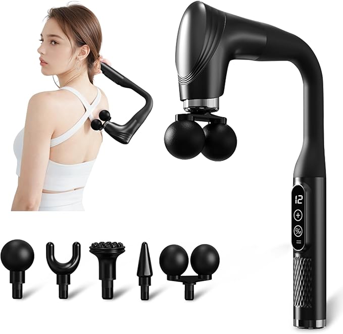 Double-Headed Elbow Massage Gun, Percussion Muscle Massager, Suitable For Sore Muscles In The Back, Shoulders, Waist And Legs, Detachable Extended Handle, 12-Speed Adjustable, 5 Heads Are Replaceable