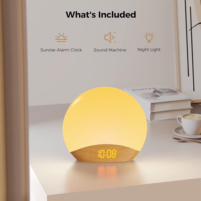 HOUSBAY White Noise Machine Sunrise Alarm Clock, Wake Up Light, Dimmable Night Light, 26 Natural Sounds, Gentle Wake up & Sound Machine for Sleeping, Adults, Kids, Baby-Wooden