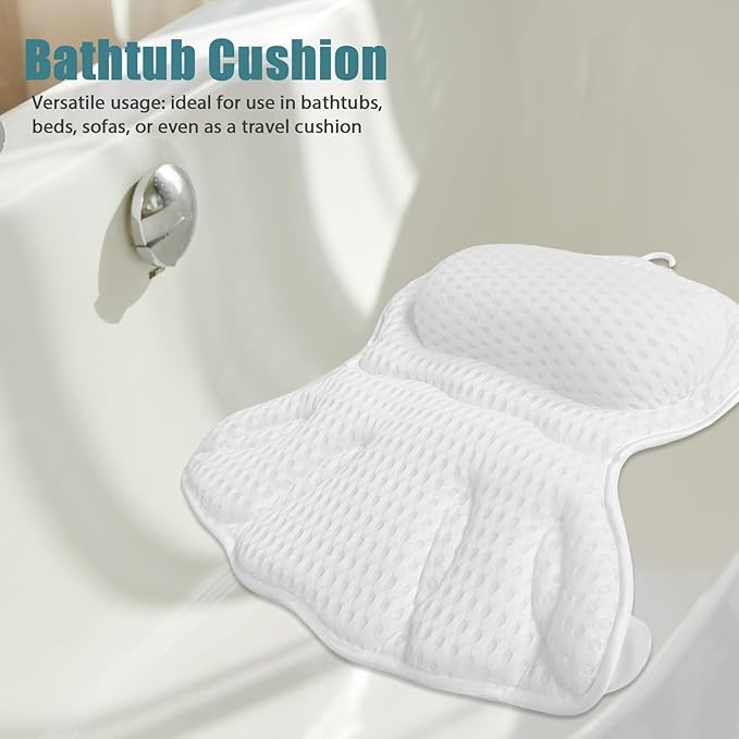 Vaguelly 4d Bath Pillow for Tub, Machine Washable White Ergonomic Neck and Back Support Cushion with Non-Slip Suction Cups, Adult Bathroom Headrest for Relaxing Spa and Hot Tub Use