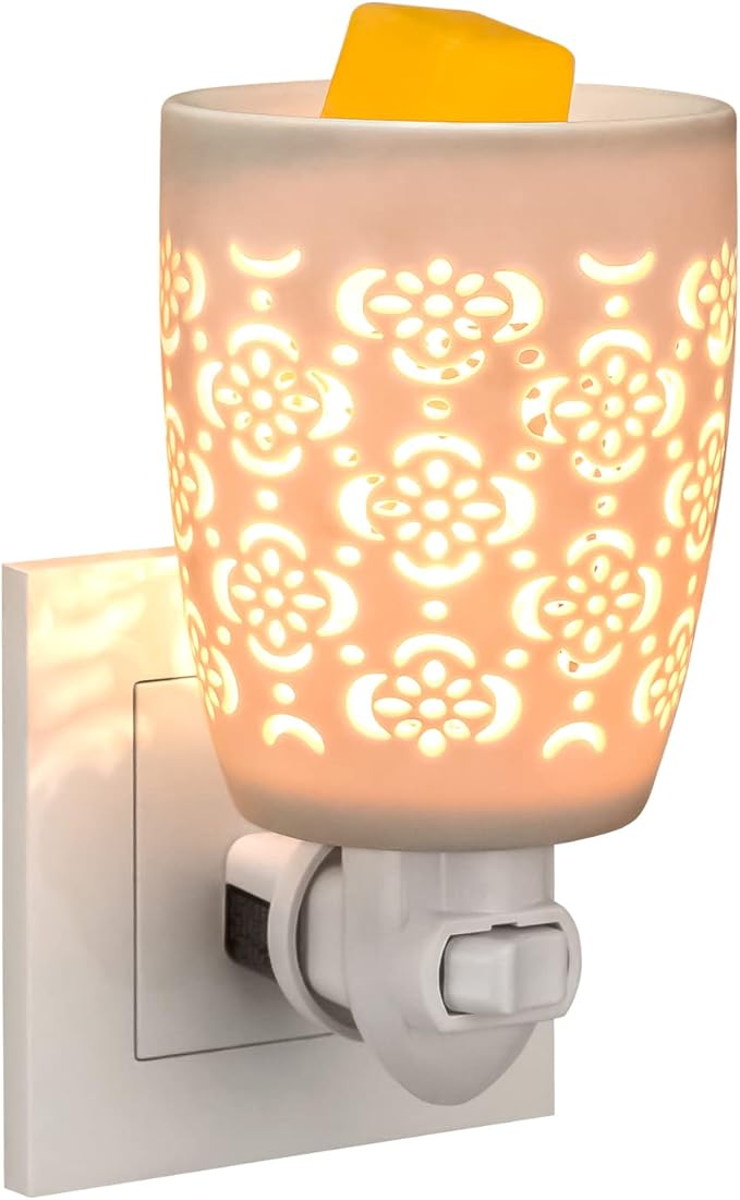 STAR MOON Ceramic Pluggable Wax Melt Warmer, Diffuser for Fragrance Oil, Candle Melter Plug in Wall for Home, Office and Spa, Ideal Gifts, with Two Bulbs Packed Safe to Use- Flower Hollow Design