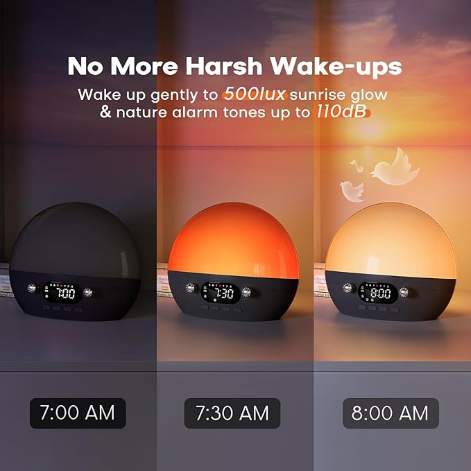 Dekala RestOnn Sunrise Alarm Clock Sunset Sound Machine 7-Day Programmable Loud Dual Alarm Clock, White Noise Natural Sounds for Sleeping Bluetooth Speaker Amber Night Light Smart App Control