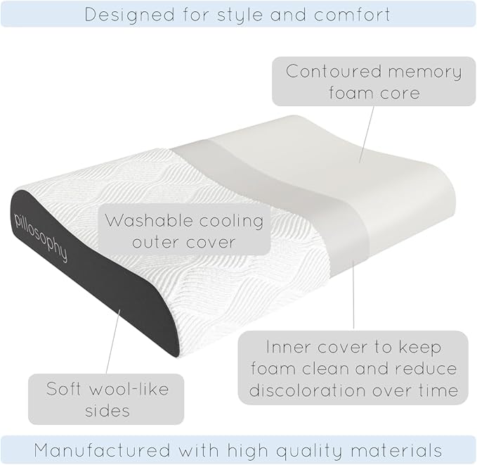 pillosophy SleepTheory Pillow • Contour Shape • Cervical Neck Support • Memory Foam Core • Washable Cooling Cover • Medium Firmnesss • Perfect for Back, Side, Stomach Sleepers (Standard Size)