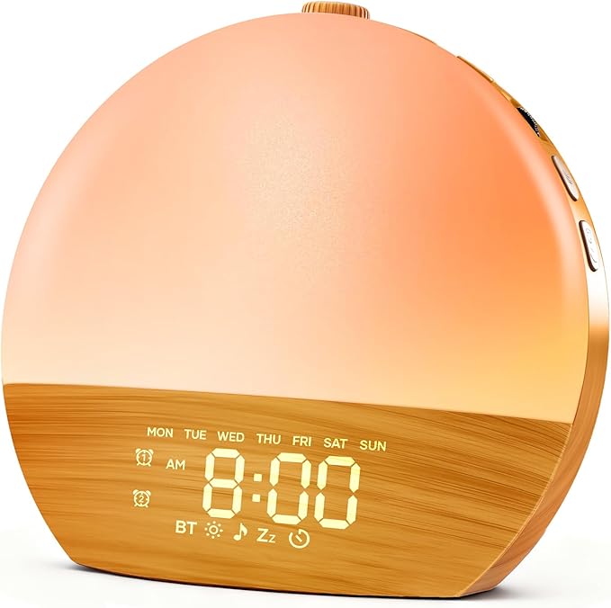 Sunrise Alarm Clock, Sound Machine, Wood Grain Dimmable Night Light for Heavy Sleepers, White Noise Machine for Baby, Dual Alarm Function 30 Sleep Sounds, Wake Up Light with 17 Effects